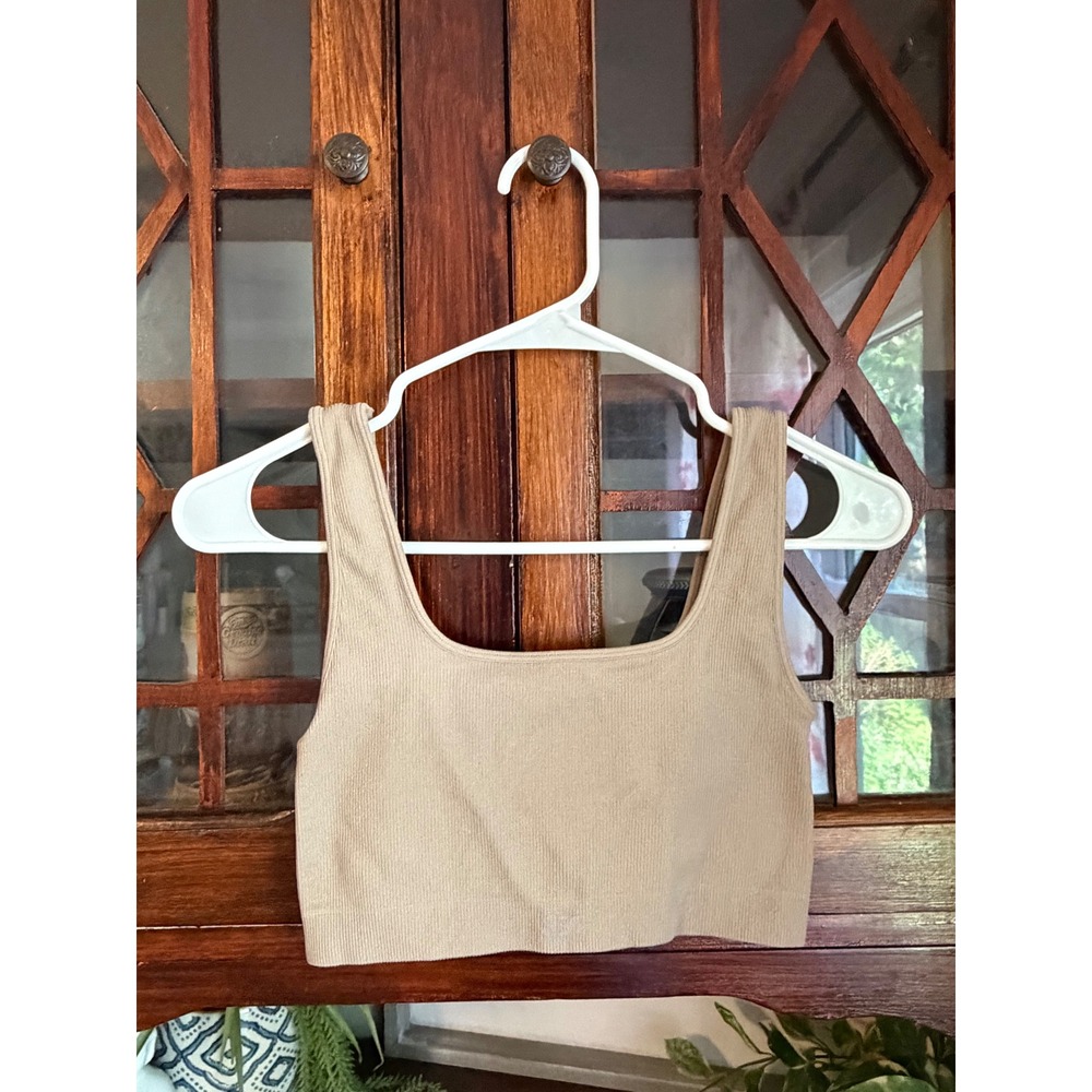 SET ACTIVE Ribbed Crop Top Tan Beige Size Medium Workout Bra
